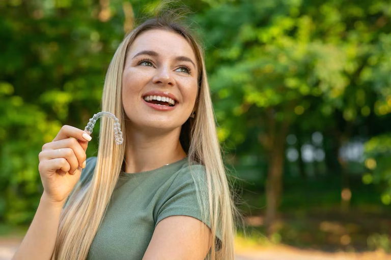 Smiling woman holding clear aligners in her hand, showing orthodontic treatment option.