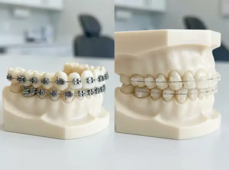 Comparison of traditional metal braces and clear ceramic braces on dental models